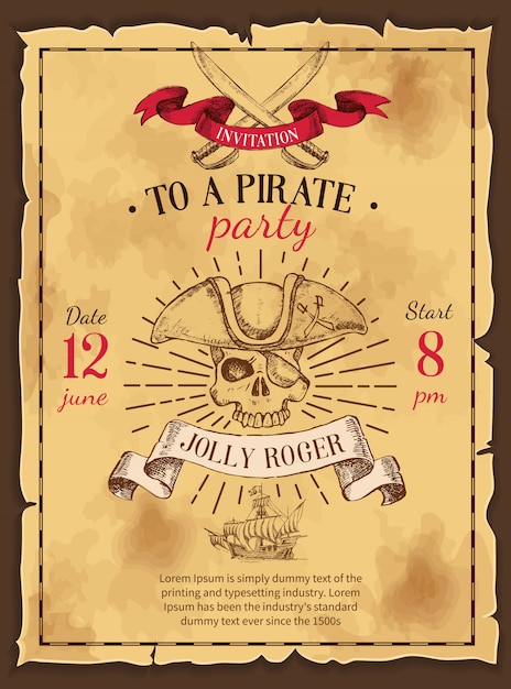 Vettore gratuito poster disegnato festa pirata