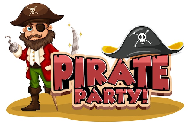 Pirate party font banner with a pirate man cartoon character