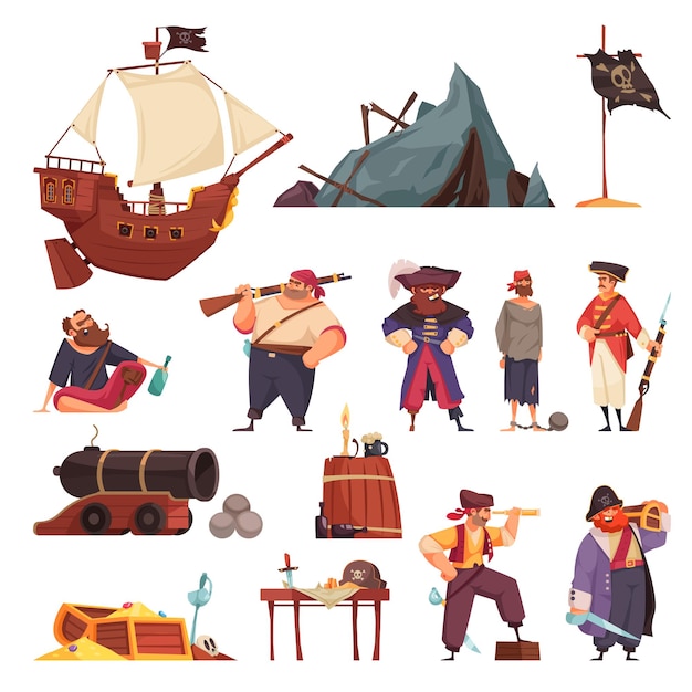 Free vector pirate set with isolated icons of ship wreck and weapons with doodle style characters of pirates vector illustration