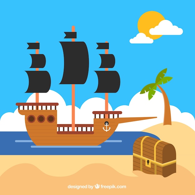 Free vector pirate ship background with chest in flat design