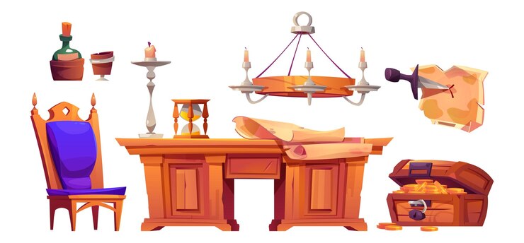 Free Vector pirate ship cabin capitan room interior set