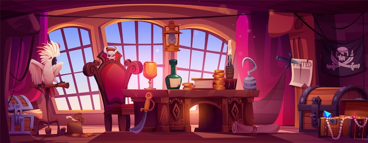 Free Vector pirate ship cabin interior boat room and treasure