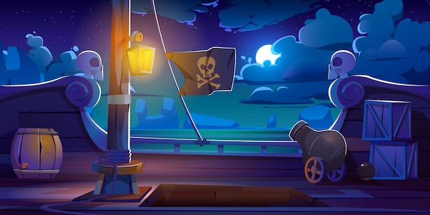 Pirate ship deck onboard night view, wooden boat with cannon, glow lantern, wood barrels, hold entrance, mast with ropes and jolly roger flag, cartoon.