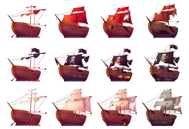 Free Vector pirate ship and galleon before and after sea battle fight of sailboats with cannon fire vector cartoon set of wooden ships with folded sails with black flag and broken after wreck or attack
