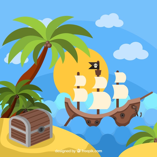 Free vector pirate ship next to an island with treasure