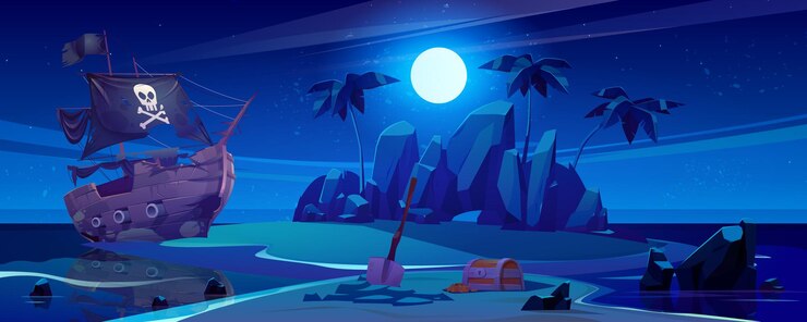 Free Vector pirate ship moored on island with treasure at night