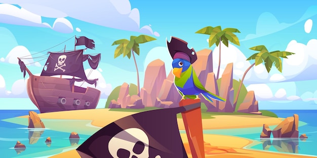 Pirate ship moored on secret island with funny parrot wear\
corsair cocked hat sitting on black jolly roger flag at ocean\
landscape. filibuster adventure book or game scene, cartoon vector\
illustration