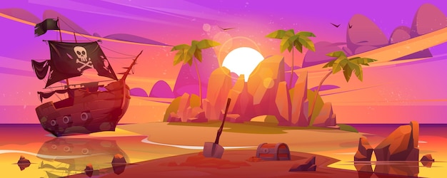 Free vector pirate ship moored on secret island with treasure chest