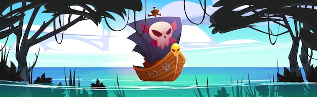 Free vector pirate ship in sea lagoon with jungles