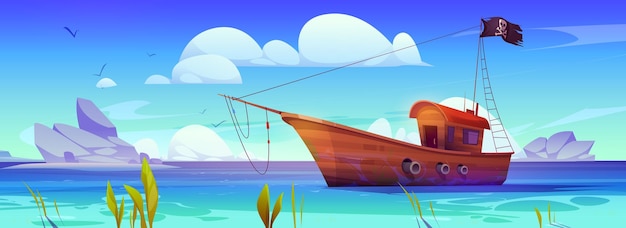 Free vector pirate ship in sea wooden boat with black flag