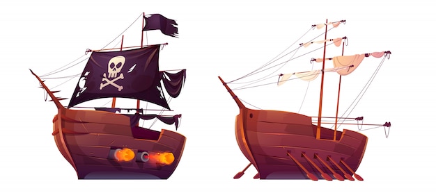 Pirate ship and slave galley with oars isolated