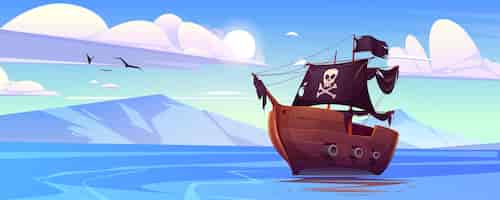 Free vector pirate ship with black sails and flag with skull