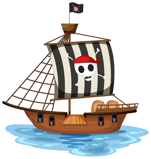 A pirate ship with jolly roger flag isolated