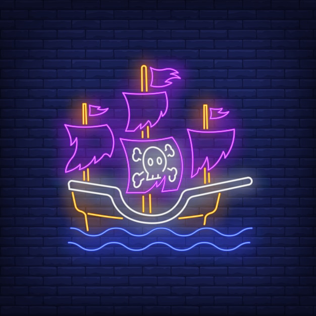 Free vector pirate ship with torn sails neon sign