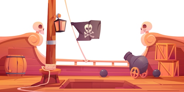 Деревянная палуба пиратского корабля с пушкой