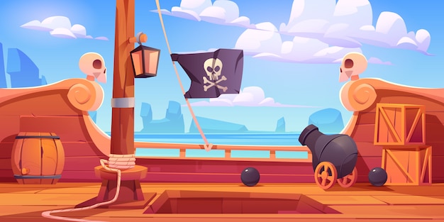 Free vector pirate ship wooden deck onboard view with cannon