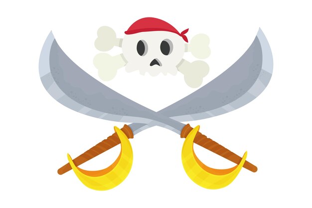 Пиратский череп в бандане и скрещенные мечи и сабли в мультяшном стиле