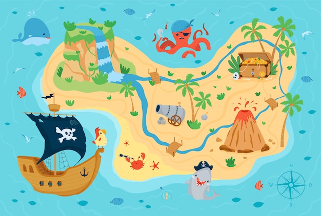 Treasure Map For Toddlers Premium Vector | Pirate Treasure Map For Children In Cartoon Style. Cute  Concept For Kids Room Design.