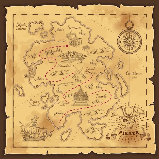 Пиратская карта сокровищ рисованной иллюстрации