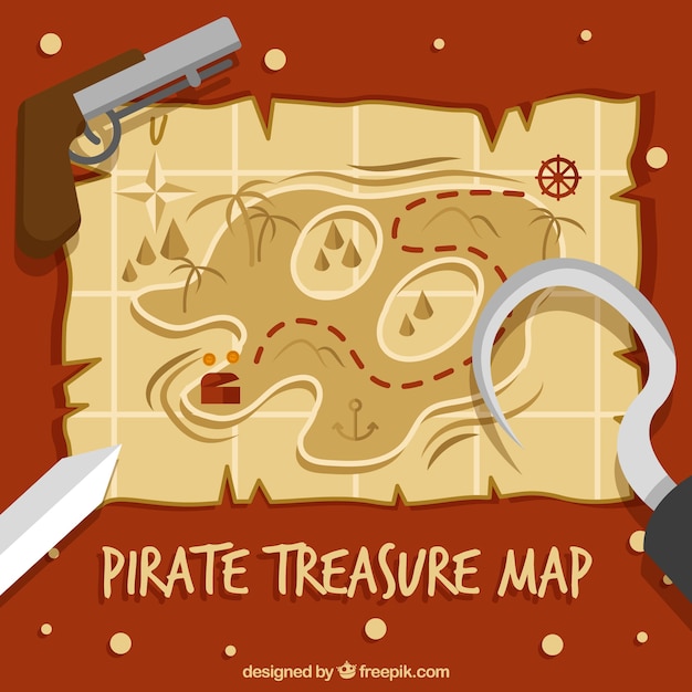 Vettore gratuito mappa del tesoro del pirata con oggetti decorativi