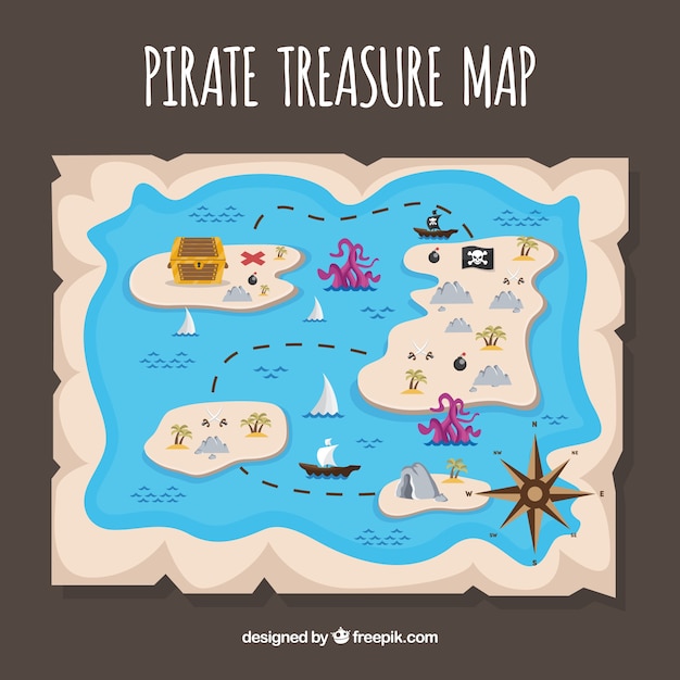 免费矢量海盗宝藏地图与几个岛屿