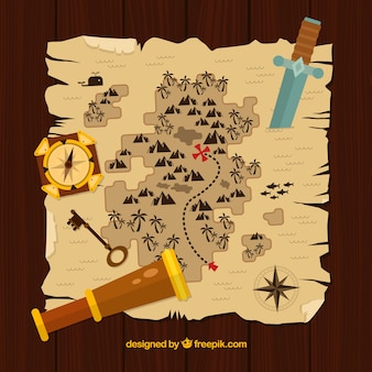 Pirate treasure map with spyglass, sword and compass