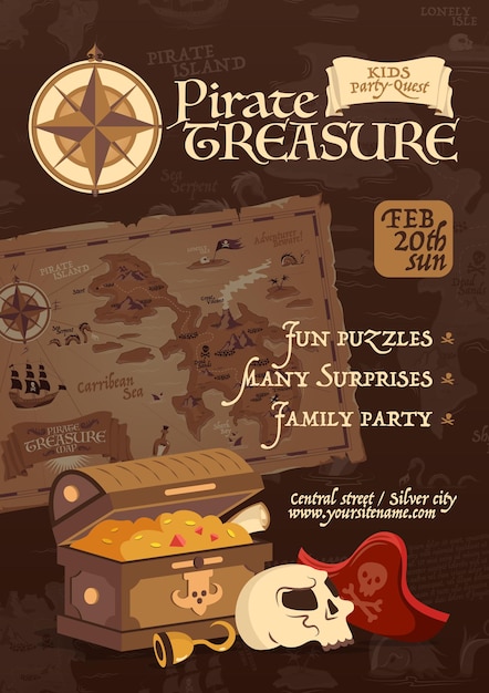 Free vector pirate treasure poster in vintage style for family party and kids quest cartoon illustration