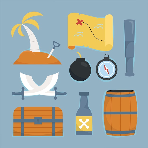 Free vector pirate vector game icon set cartoon corsair treasure object kit wooden wheel chest jolly roger vintage caribbean object golden compass spying glass ui vector illustration