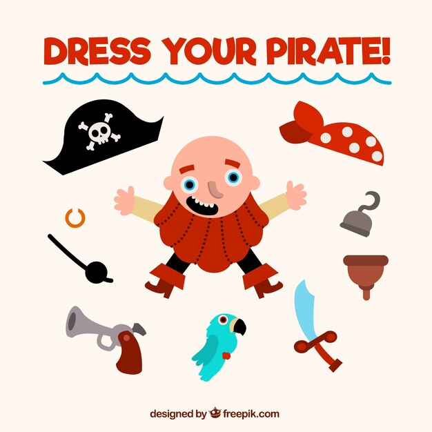 Pirate with accessories in flat design