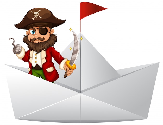 Free vector pirate with sword standing on paper boat