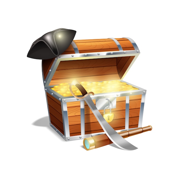 Pirate wooden treasure chest trunk with gold spyglass cutlass and black triangle hat 