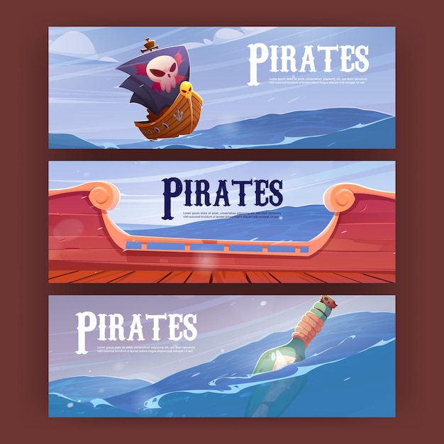 Бесплатное векторное изображение Пиратские мультяшные баннеры с черными парусами и палубой линкора «веселый роджер» и бутылкой с картой, плавающей на океанских волнах. приключенческая игра флибустьеров. пригласительные билеты на вечеринку.