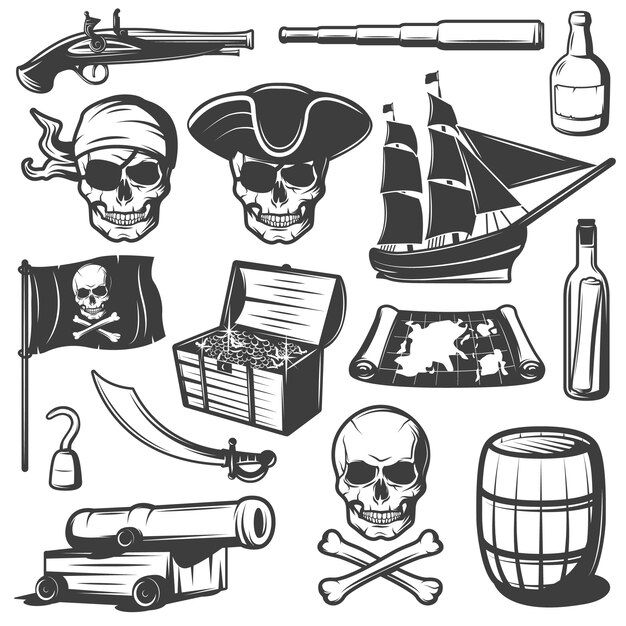 Pirates icon set with skulls treasures and pirate weapons black and isolated