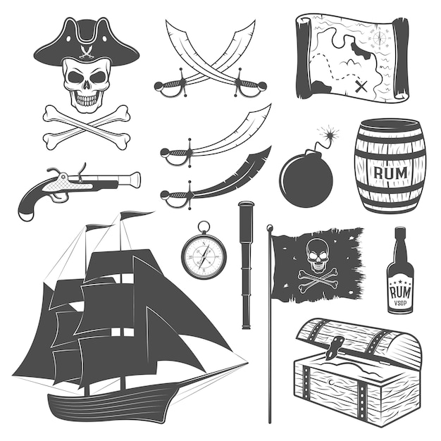Пираты монохромный набор элементов с парусником оружие флаг телескоп карта ром грудь пушечное ядро изолированные векторные иллюстрации