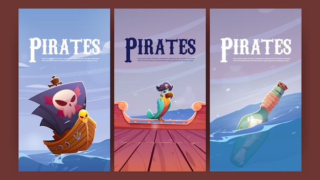 Free vector pirates poster with ship parrot and bottle in sea