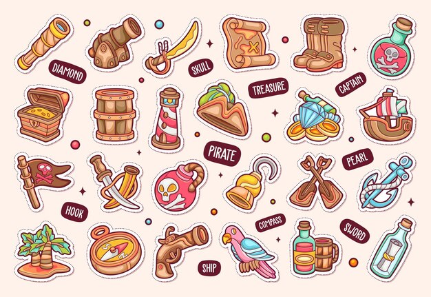 Pirates Sticker Icons Hand Drawn Coloring Vector