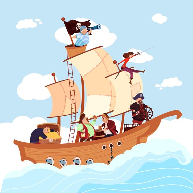 海のバッカニアボートの白い帆の下にある木造船の海賊フィリバスターコルセアの男性と女性のキャラクター、金の宝物でいっぱいのセイバーソードチェスト