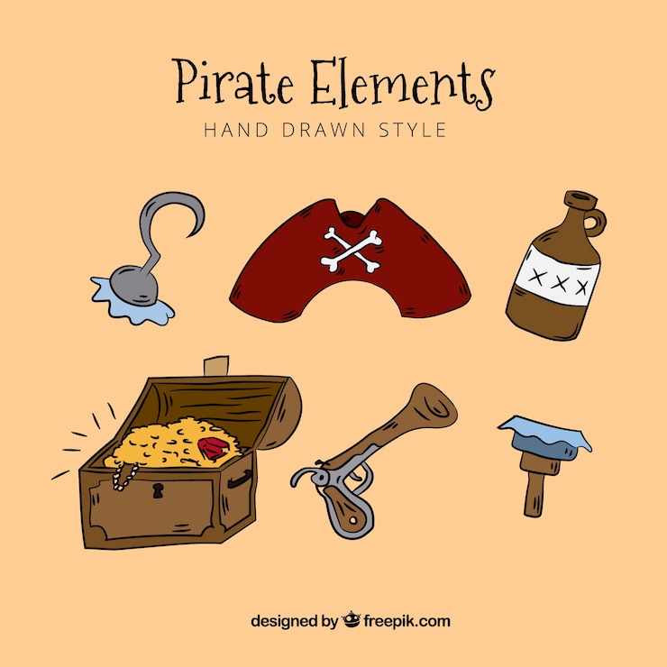Free Vector  pistol and elements set of pirate adventures
