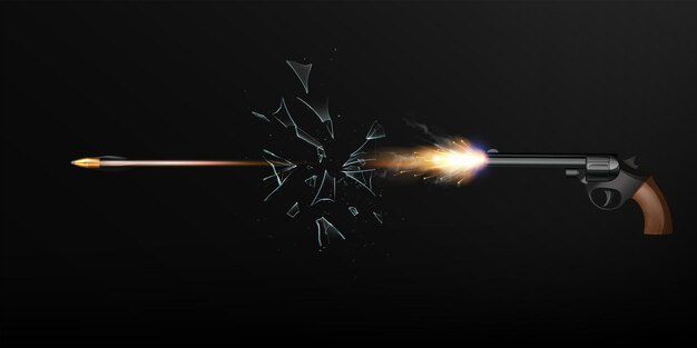 Pistol shot flash with bullet in motion breaking glass on black background realistic vector illustration