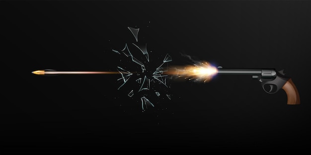 Вспышка выстрела из пистолета с пулей в движении, разбивающая стекло на черном фоне, реалистичная векторная иллюстрация