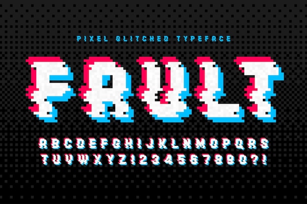 Pixel alphabet design, stylized like in 8-bit games.