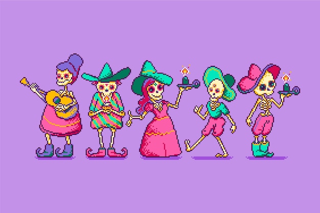 Vettore gratuito collezione di elementi pixel art dia de muertos