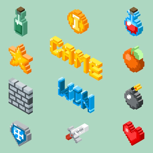 Pixel Art Game Icons. 8 Bit Isometric Pictograms