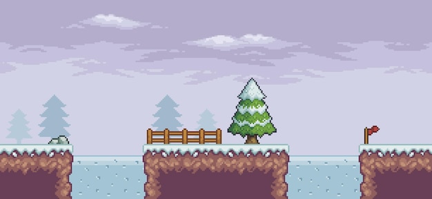 Pixel art game scene in snow with pine trees bridge fence frozen lake 8 bit vector background
