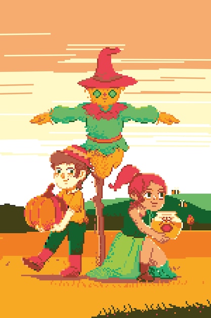 Free vector pixel art illustration of kids with scarecrow