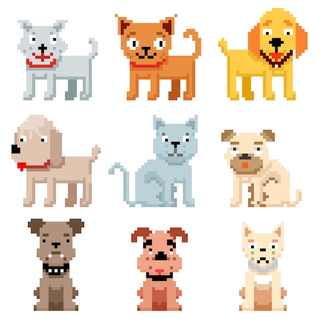 Icone di animali domestici pixel art. 8 bit cani e gatti. animali domestici gatto e cane in pixel art, animali domestici di razza di illustrazione