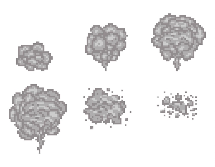 Free Vector pixel art smoke animation frames for game. pixel game smoke, cloud pixel smoke, video animation pixel smoke illustration