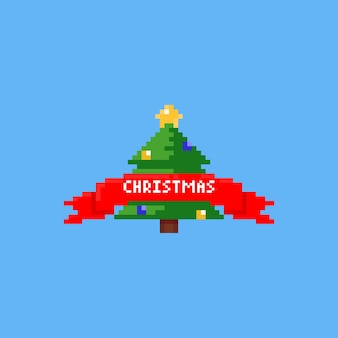 Pixel christmas tree with red ribbon