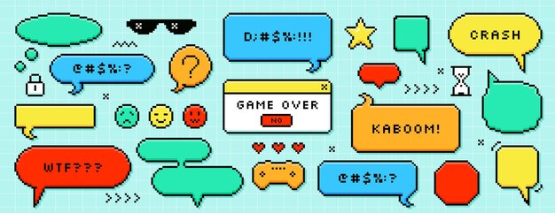 Pixel dialogue boxes speech bubbles buttons message frames and retro game icons