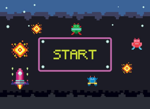 Free vector pixel space game interface with start button